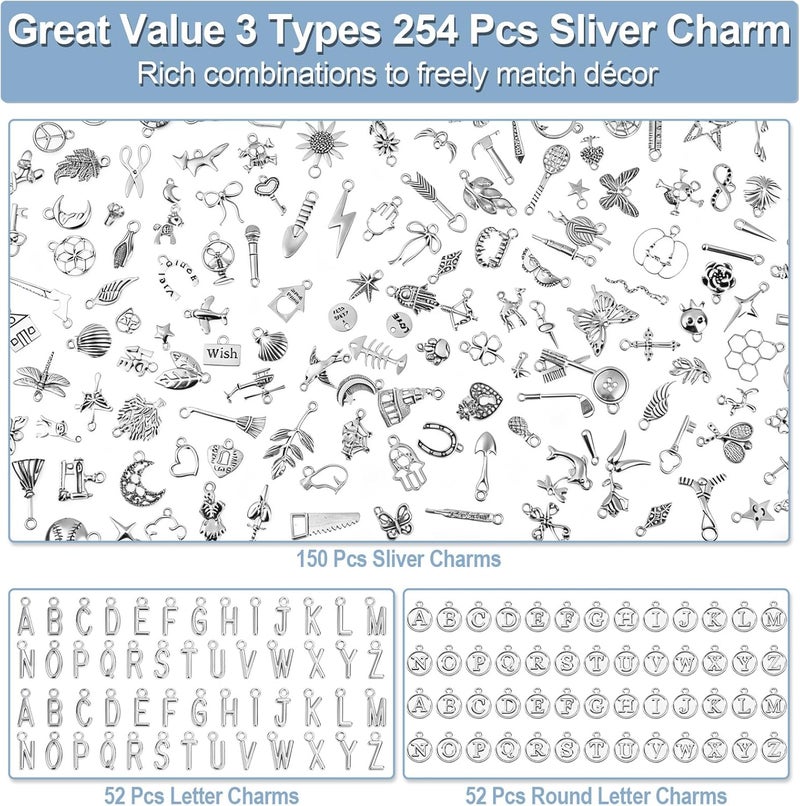 Modacraft 254 Pcs Silver Charms for Jewelry Making with Alphabet Letters, Wholesale Bulk Tibetan Silver Charm Pendants for Bracelet Necklace DIY Crafting - Image 2
